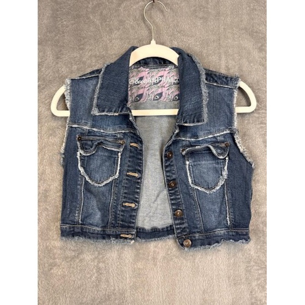 Blue Asphalt‎ Womens Medium Wash Distressed Cropped Denim Vest Size M WSG1202